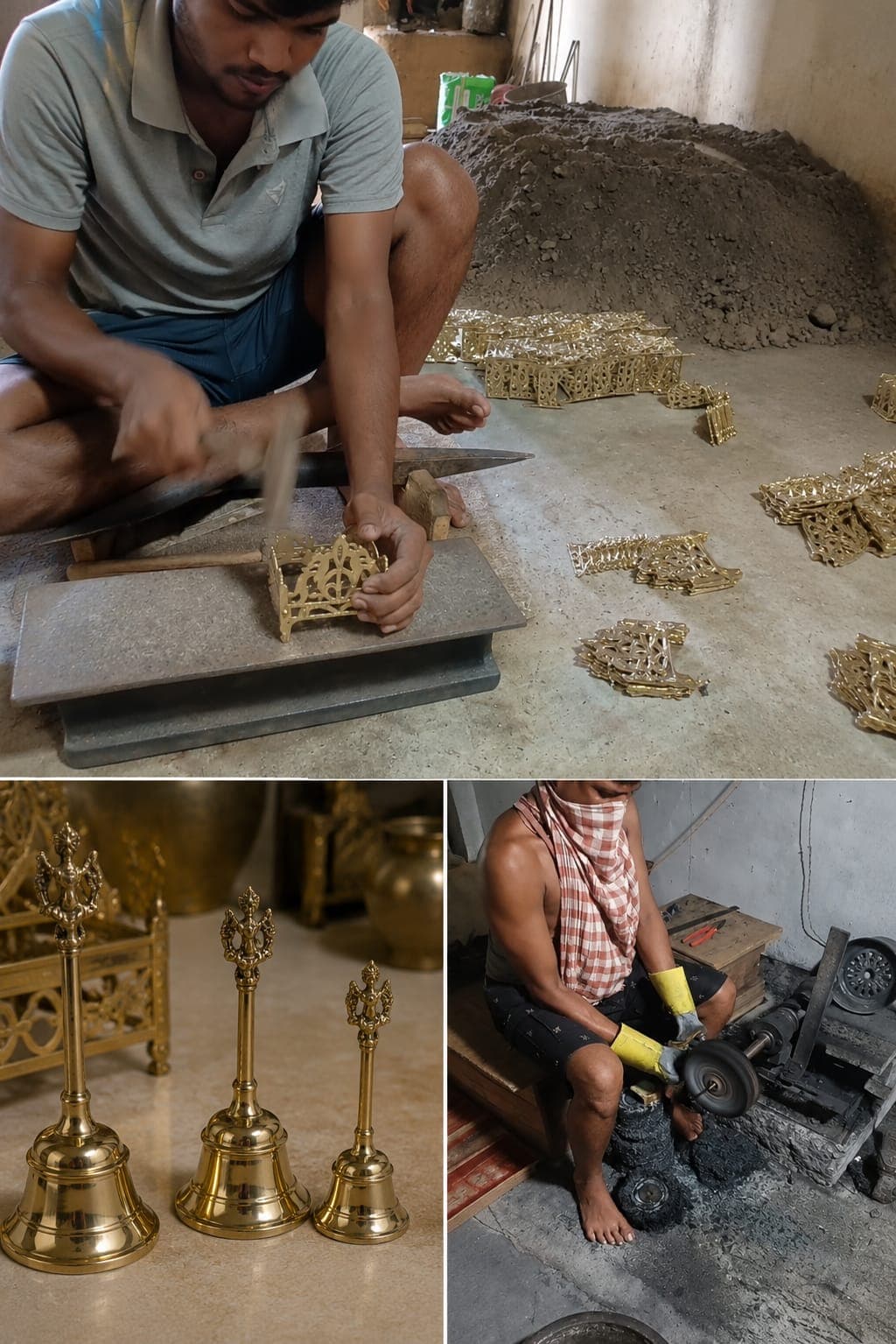 Our artisans hand-finishing and polishing brass pieces in the workshop